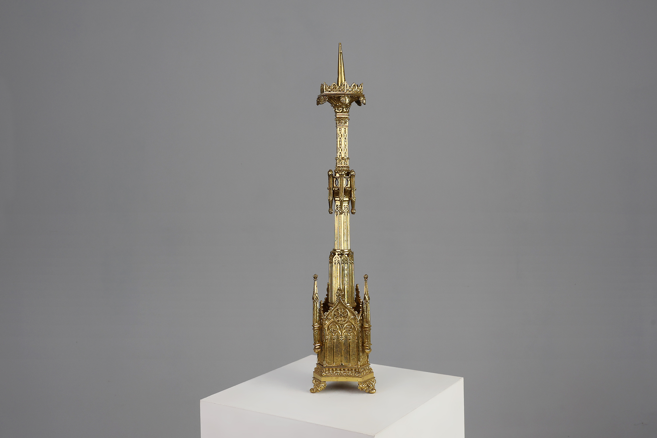 Neo‑Gothic Copper Church Candleholder Stamped &ldquo;LL A Paris&rdquo;, France ca. 1880thumbnail